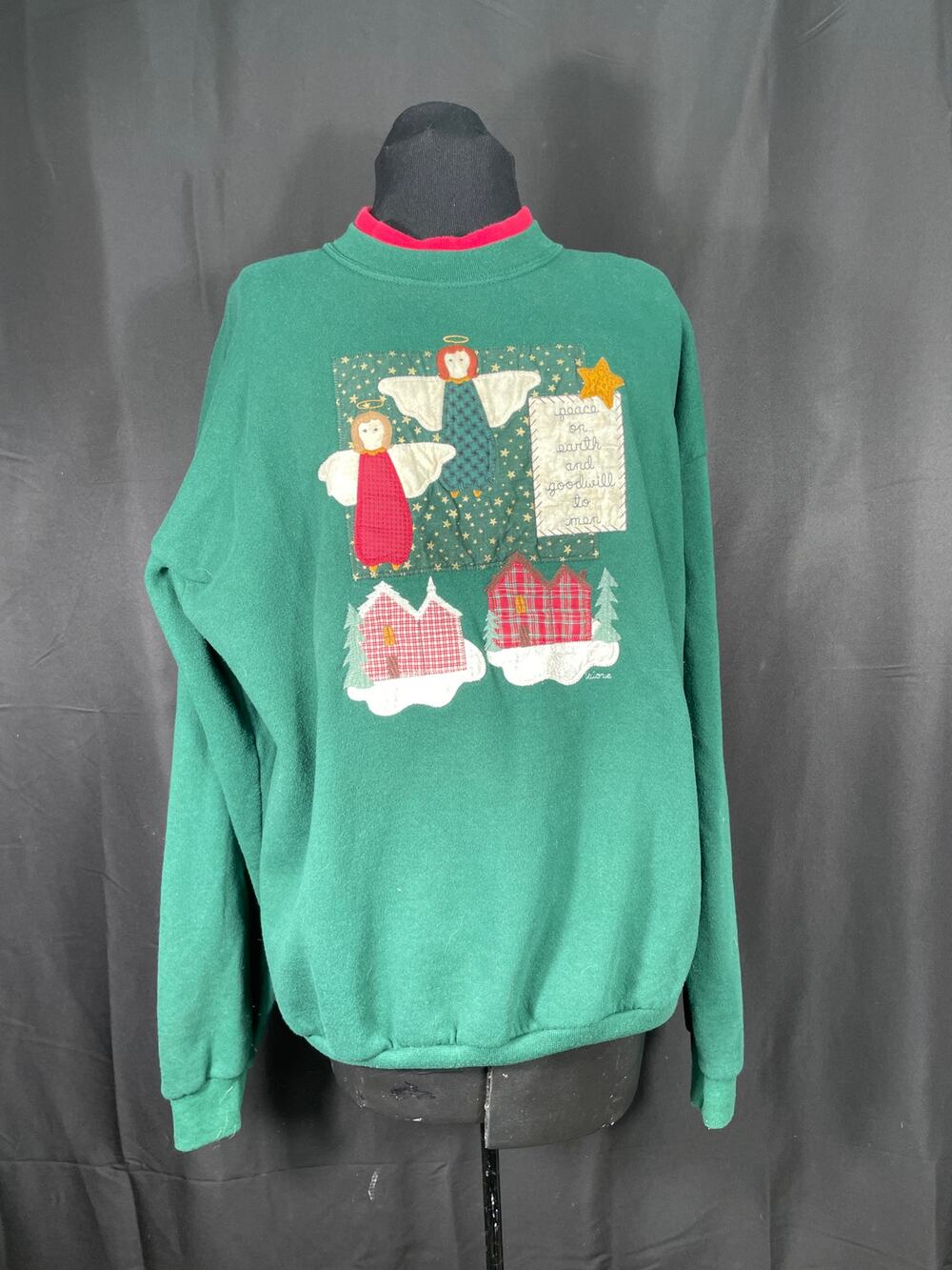 Vintage Christmas Sweatshirt Valorie's Folk Art Applique, Angels Peace on Earth